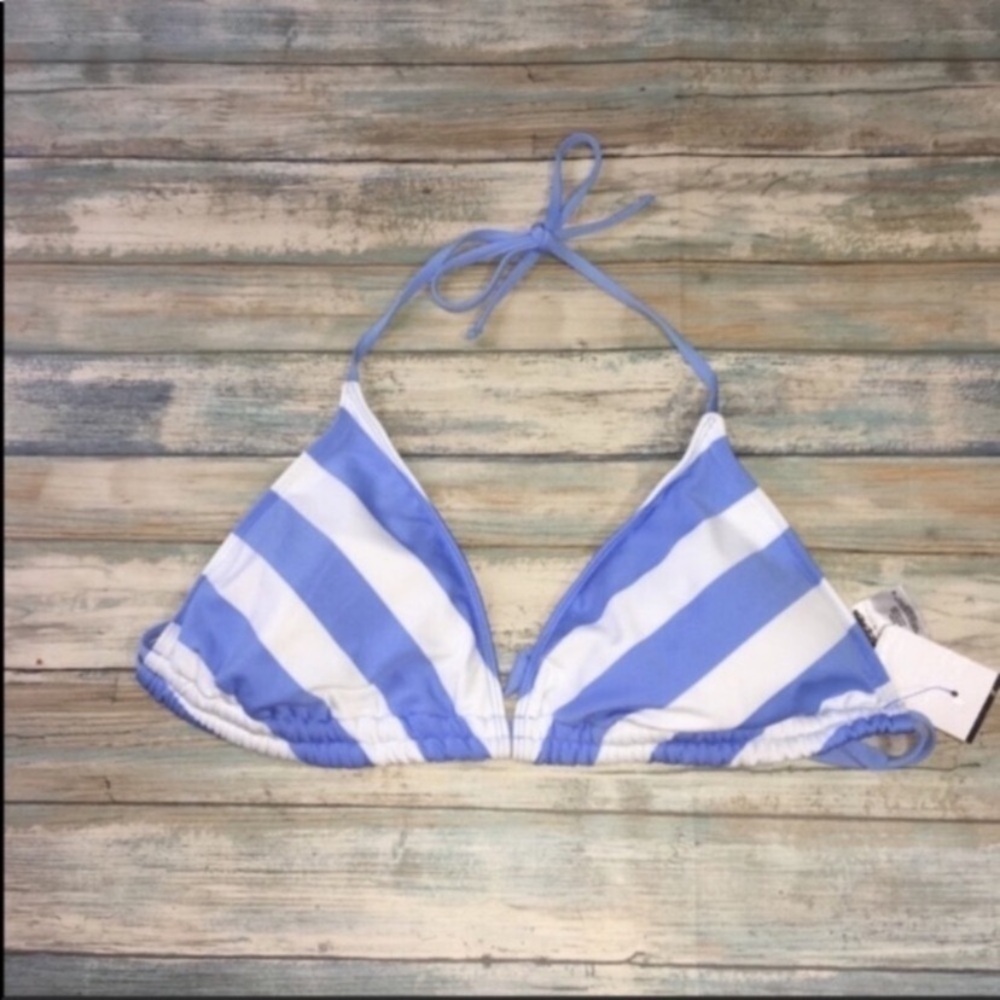Mossimo Light Blue White Striped Triangle Bikini Top Large Halter Nautical Swim - Picture 2 of 4